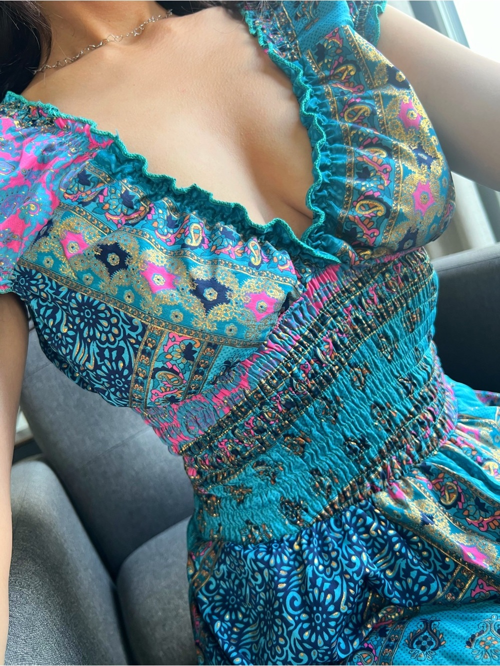 Women’s Teal Floral Boho palazzo pants Dress - V-Neck Smocked Waist